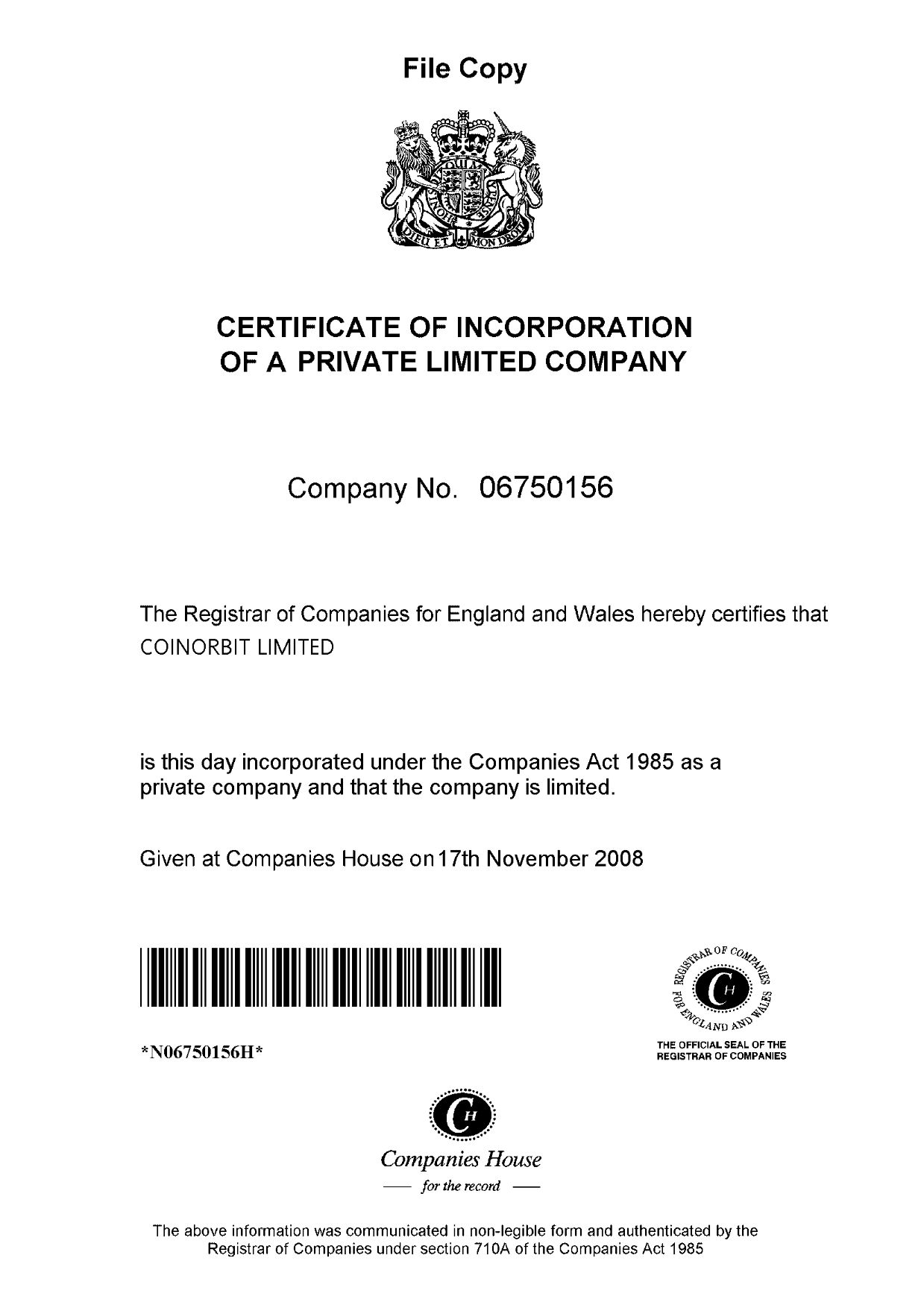 CoinOrbit Company Registration Certificate